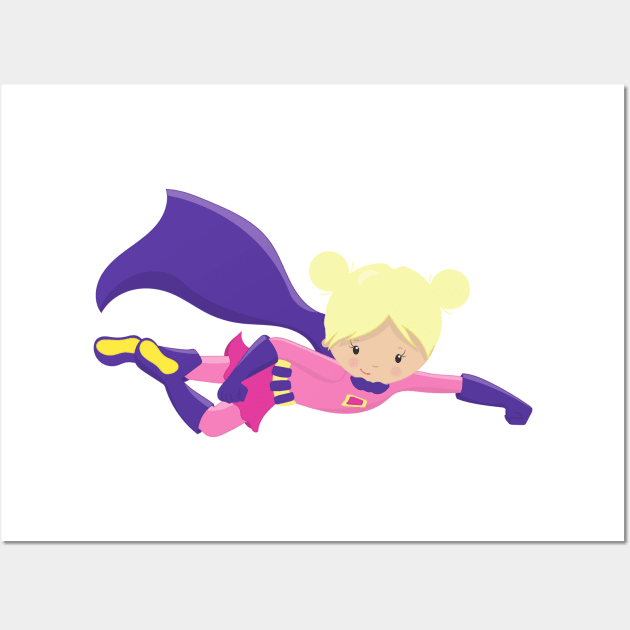 Superhero Girl, Hero, Blonde Hair, Purple Cape Wall Art by Jelena Dunčević